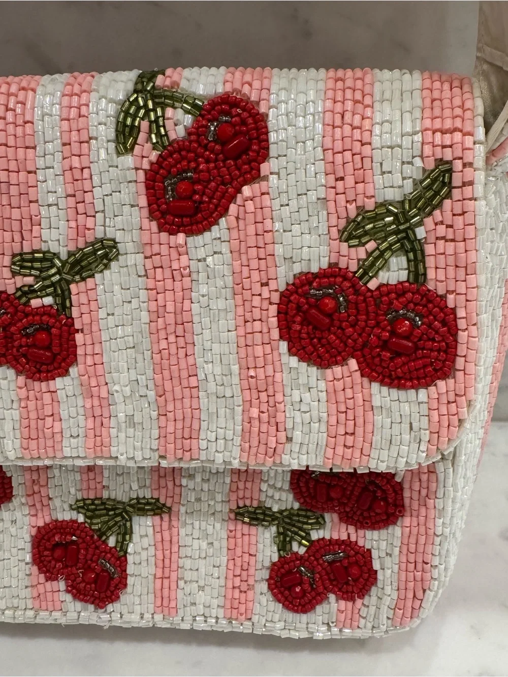 🍒Handcrafted in India Viral Beaded Cherry Shoulder Bag Cherries Pink Striped - Picture 11 of 13